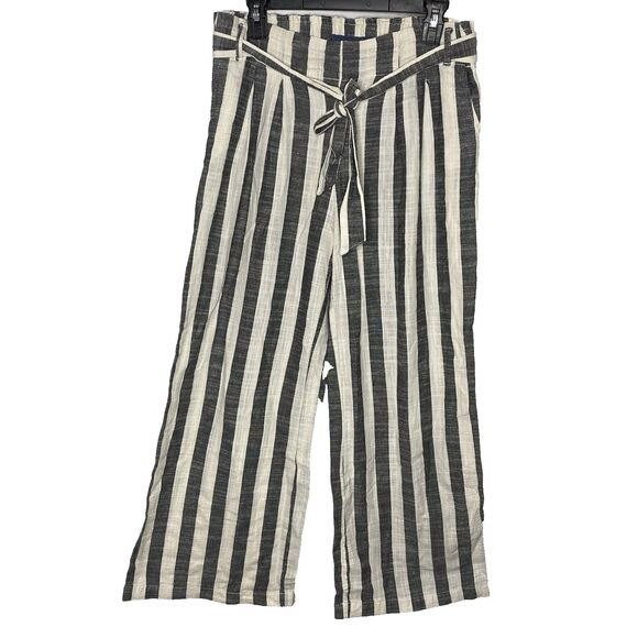 INDIGO RISING Pants Linen Striped Pleated Smocked Waist Wide Leg Womens L Black - Picture 2 of 10